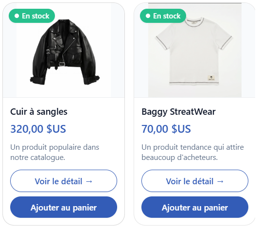 Cartes produits recommandées avec ajout au panier